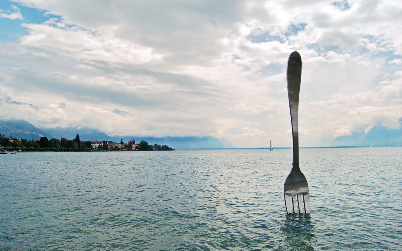 11 - The Fork of Vevey, a giant 8-meter-tall stainless steel sculpture emerging from the waters of Lake Geneva in Switzerland!